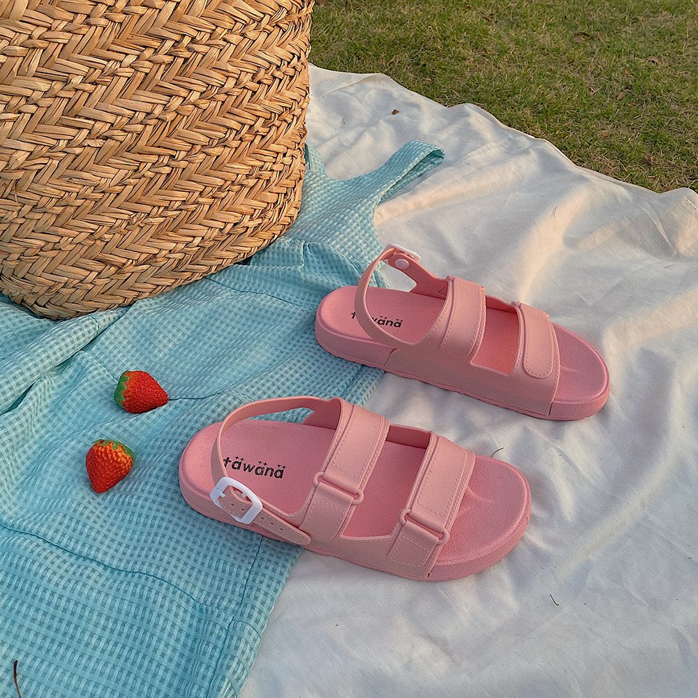 (HCM)Dép sandal nữ đi học 2 quai trơn đế bằng nhiều màu chống nước