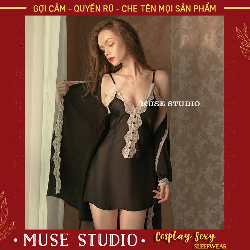 Áo choàng ngủ nữ, Áo choàng ngủ sexy vải lụa satin viền ren gợi cảm
