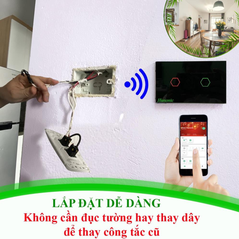 Công tắc cảm ứng Hunonic Datic 2 Nút + Ổ kết nối Wifi điều khiển mọi thiết bị từ xa qua điện thoại, 2 màu trắng và đen