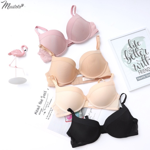 Combo 2 Áo Lót Nữ Mút Mỏng Trơn Phối Lưới Bra Cao Cấp Đen, Da Nhạt (Mustoto MA43)
