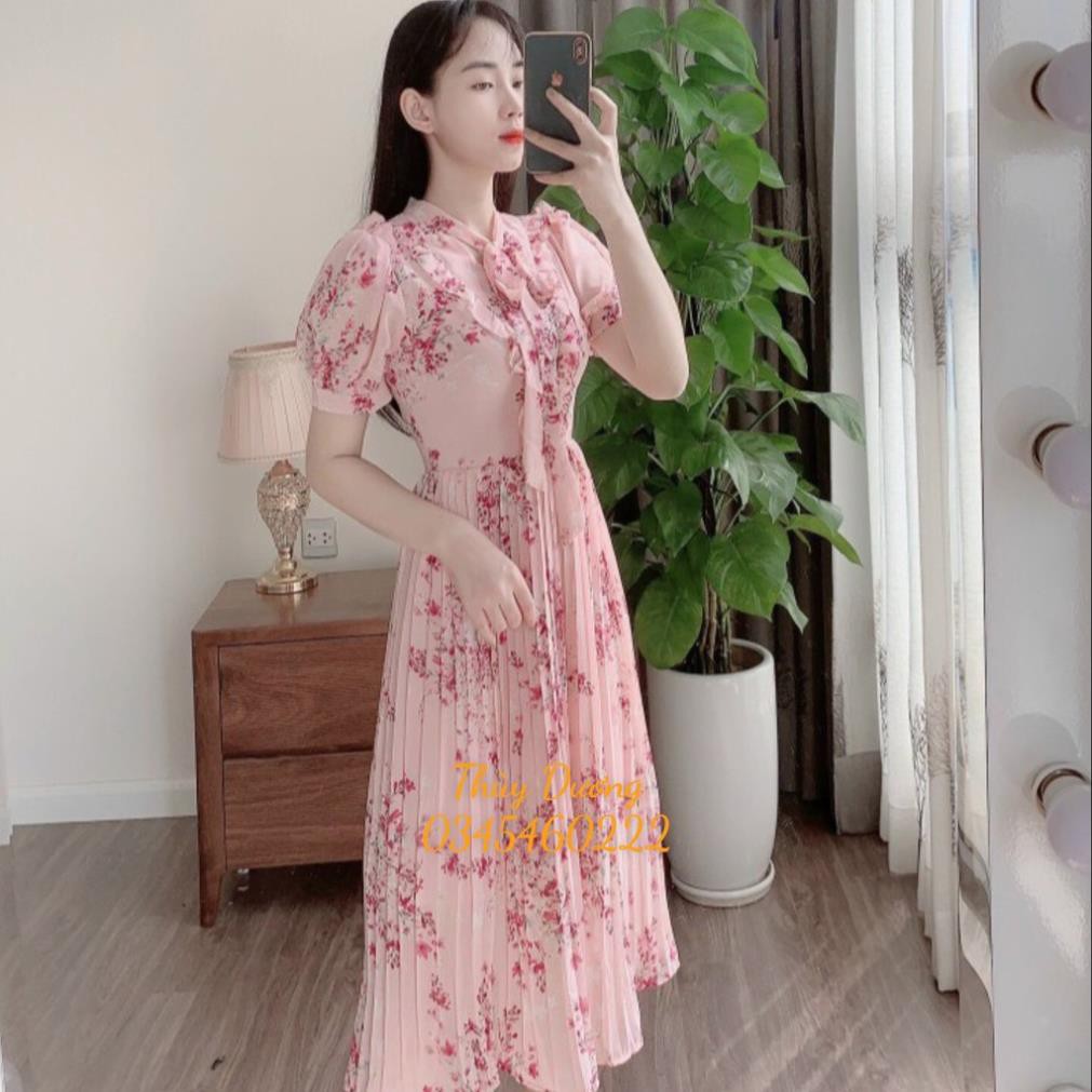 (FREESHIP) Váy đầm hoa thiết kế VINTAGE dáng xòe cổ nơ ngắn tay chân váy xếp ly dài qua gối M01 ⭐