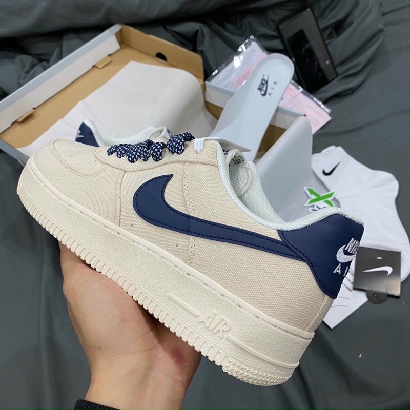 Giày AF1 CANVAS NAVY - Giày Thể Thao air force 1 Vải Kem Sữa Hót trend Màu Be Kem Tích Xanh nam Nữ Full Phụ Kiện
