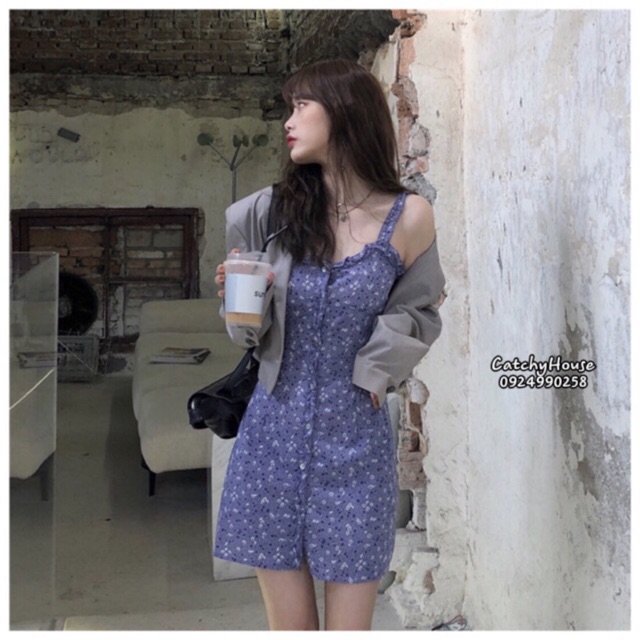 Váy ulzzang 2 dây hoa nhí màu xanh than