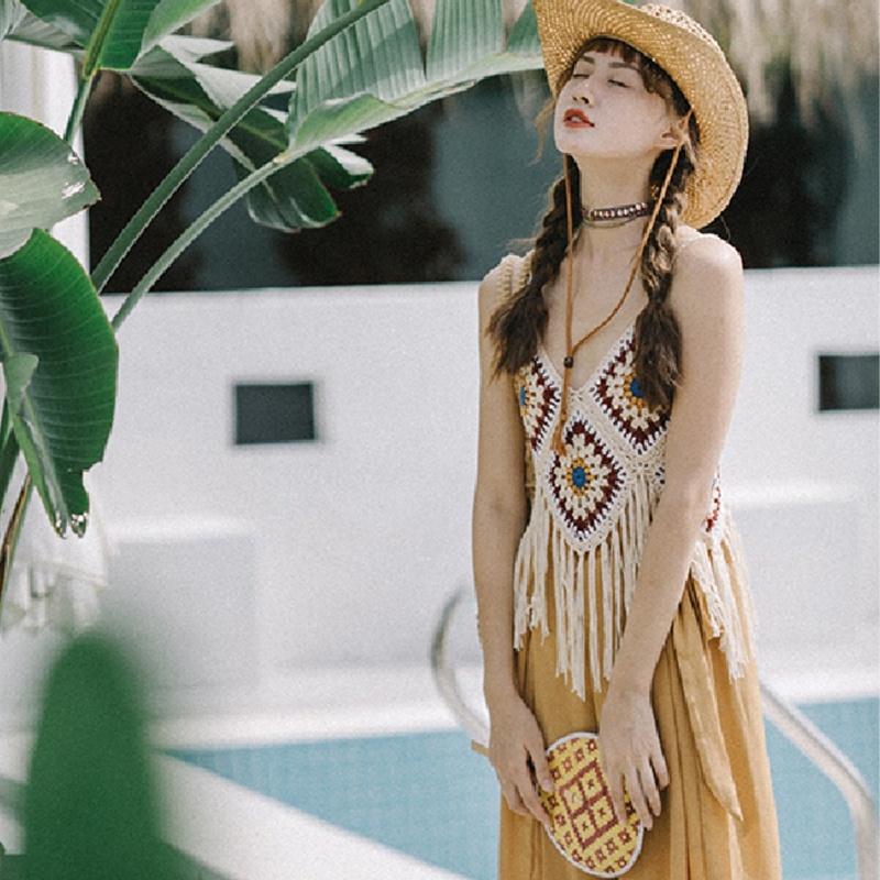 Áo Lửng Nữ Không Tay Cổ Chữ V Thời Trang Boho