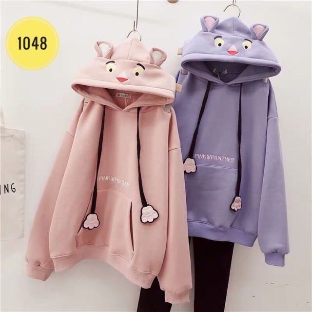 Áo Hoodie mũ tai gấu Áo nỉ Báo Hồng vải nỉ bông mềm mại freesize<55kg cho nam và nữ