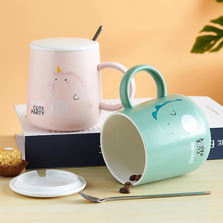 Ly sứ uống nước có nắp đậy 400ml dễ thương, cốc sứ có quai và thìa phù hợp làm quà tặng