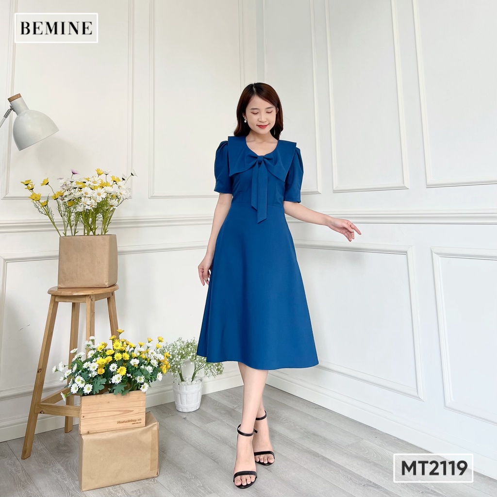 Đầm nữ công sở thiết kế cổ nơ tay xếp li BEMINE MT2119XANH