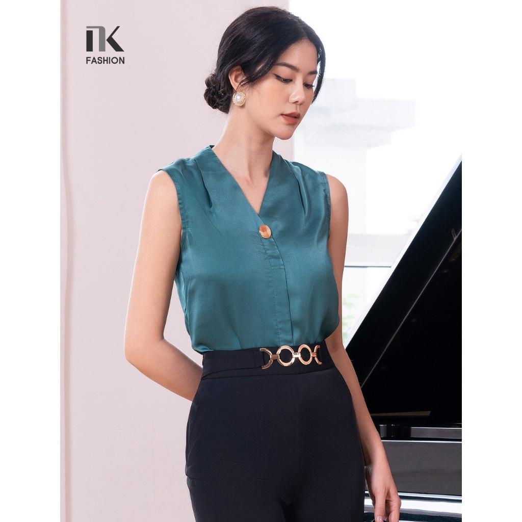 Áo Sơ Mi Lụa Nữ NK Fashion Thiết Kế Sát Nách Xếp Vai Đính Khuy Tinh Tế, Chất Vải Mềm Nhẹ NKSM2204004