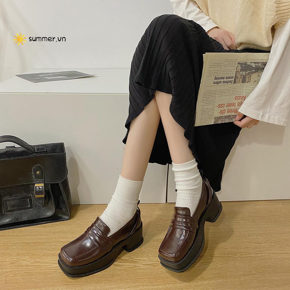 Giày Da Mũi Vuông Đế Dày Phong Cách Anh Quốc Thời Trang Thu Đông 2022