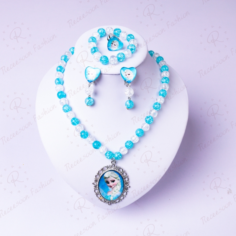 Bộ 5 vòng tay + khuyên tai + dây chuyền + nhẫn kiểu công chúa Elsa cho bé gái