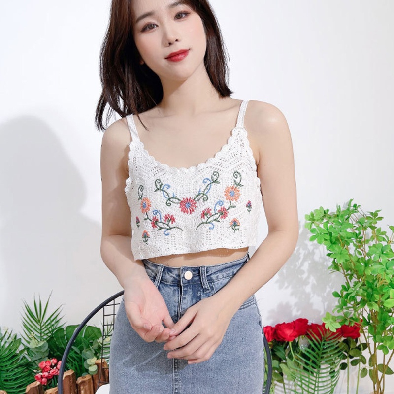 Áo Croptop Dệt Kim Không Tay Thêu Hoa Nhiều Màu Sắc Dành Cho Nữ