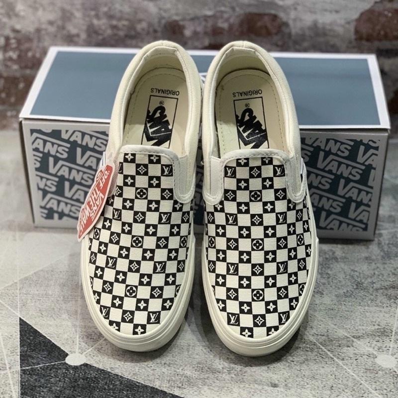 Giày Vans Caro LV Lười Trắng Nam Nữ Hàng Độc Quyền Full Box