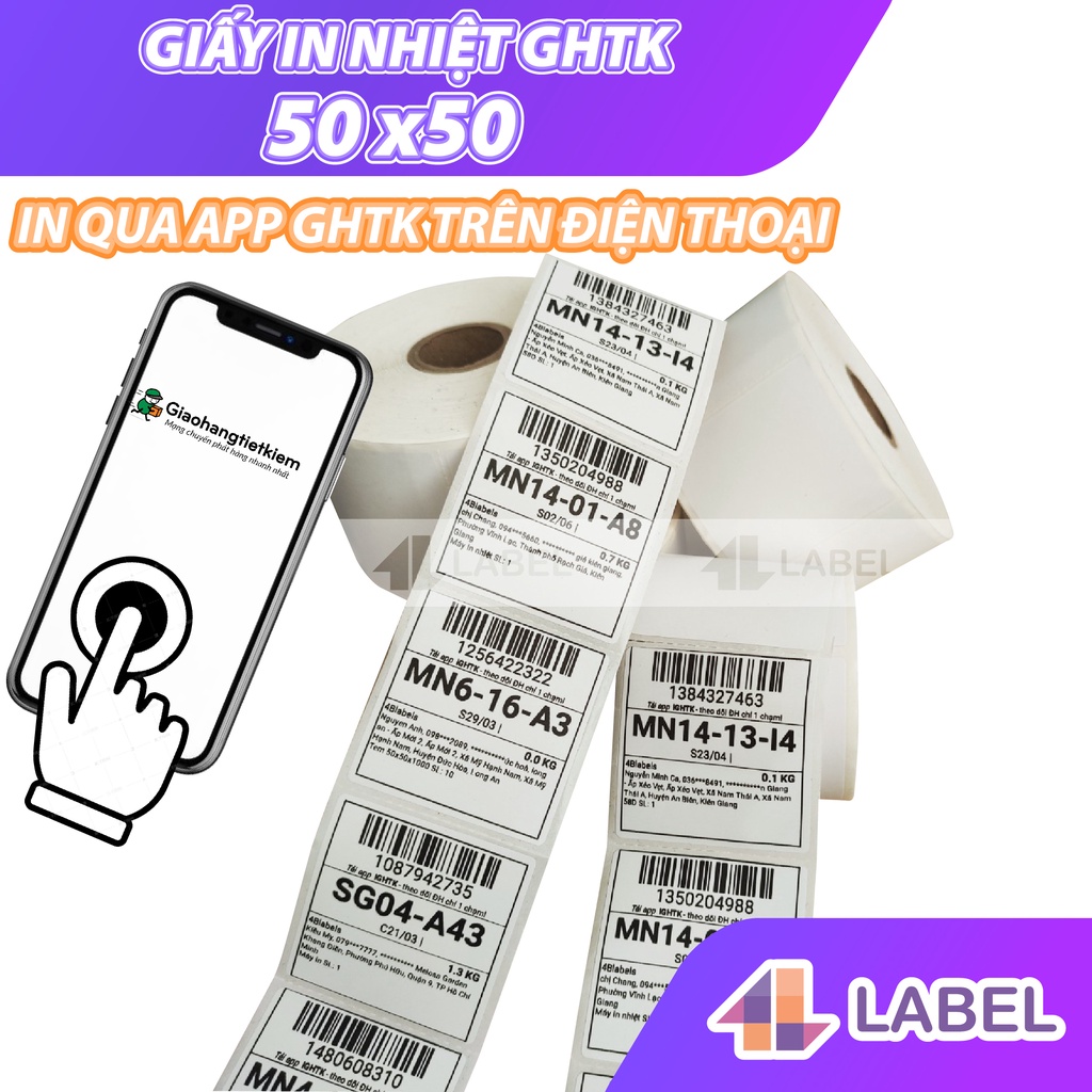 Giấy in nhiệt GHTK 50x50, cuộn 50m gần 1000 tem nhiệt cho GHN, Giao hàng nhanh, ghtk