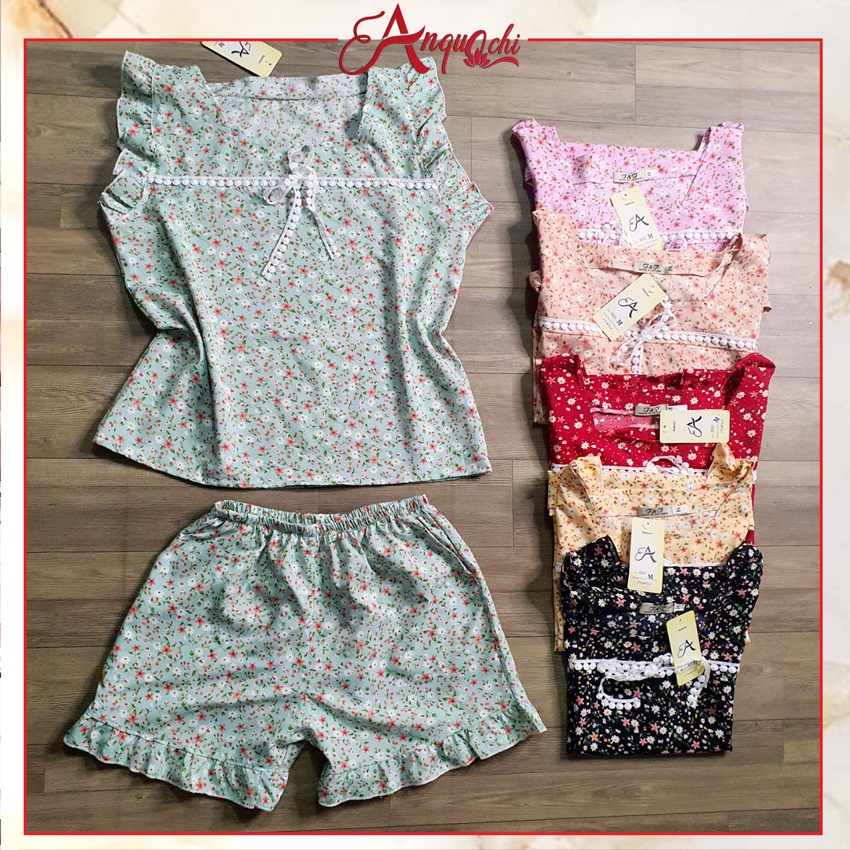 Đồ Bộ Nữ Mặc Nhà Anquachi Quần Đùi Lụa Hoa Nhí Lưng Thun Mặc Ở Nhà Đẹp Đi Chơi Dễ Thương S076