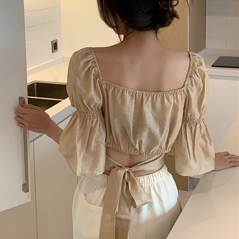 Áo Croptop Cổ Vuông Màu Trơn Phối Nơ Sau Lưng Thiết Kế Quyến Rũ Cho Nữ