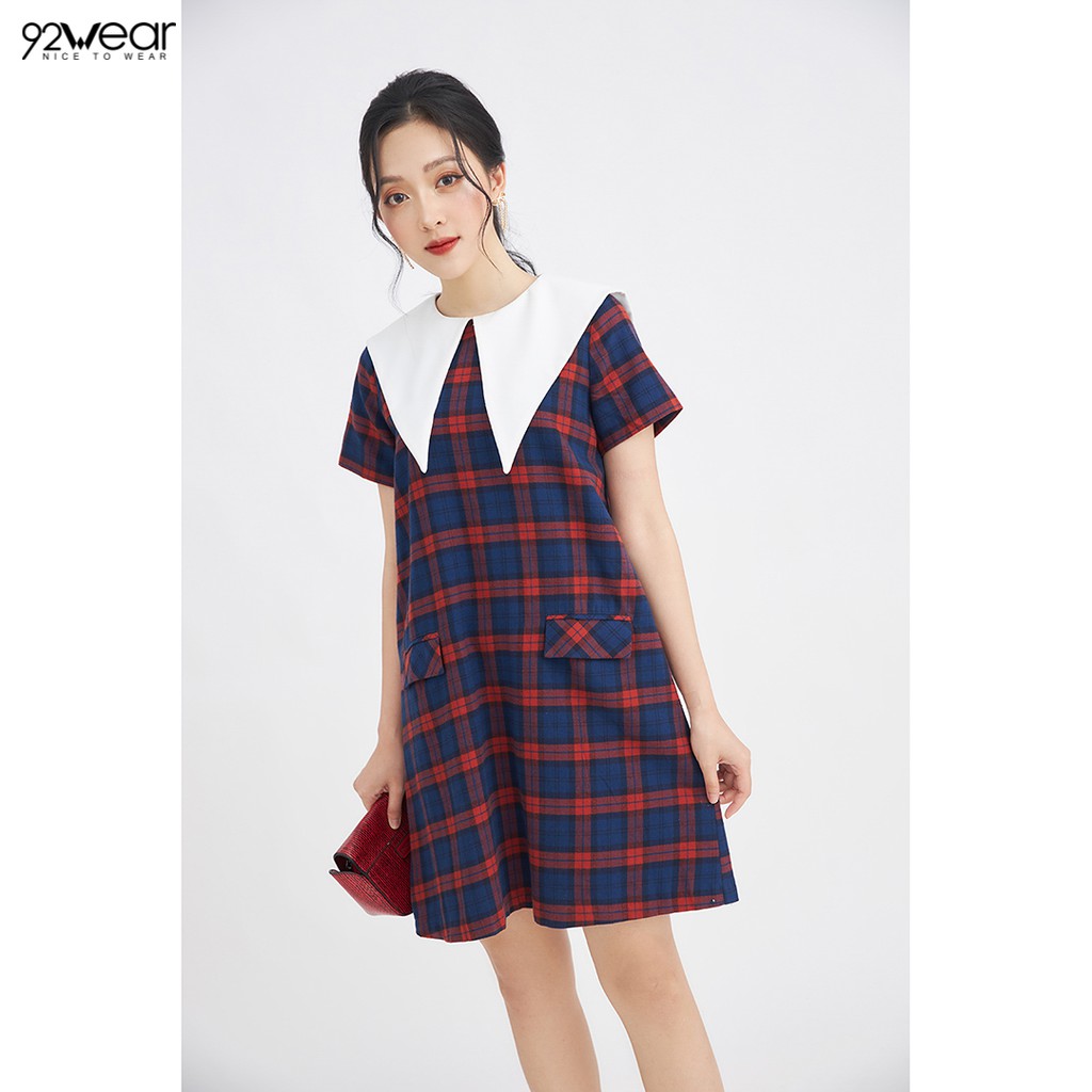 Đầm váy suông nữ công sở 92WEAR 2 MÀU, đủ size, phối cổ bản to DXW0783