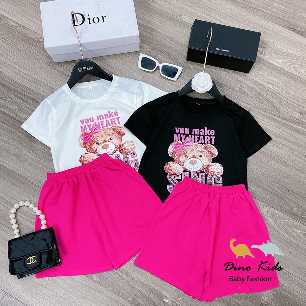 [XẢ HÀNG] Bộ cộc tay bé gái, cặp bộ in 3D gấu You Make My Heart chất cotton quần rộng cho bé 8-35kg