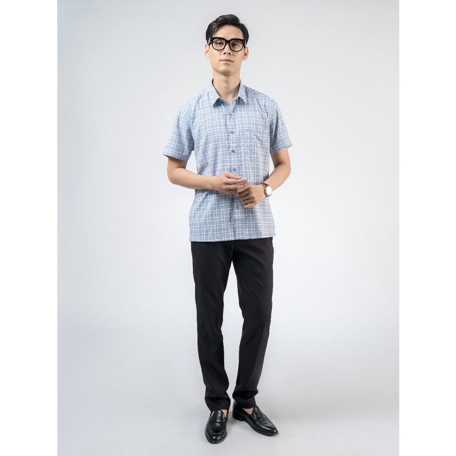 Áo sơ mi nam ngắn tay OWEN BA220114NT công sở vải sợi café cao cấp màu kẻ caro xanh mint dáng suông tà bằng có túi
