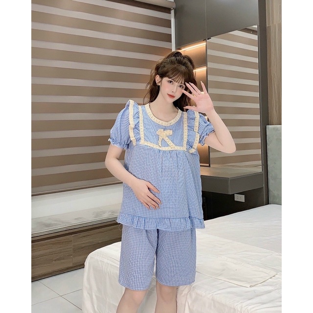 Bộ đồ cho mẹ bầu và sau sinh mặc nhà mùa hè Bộ lửngMAMA DRESS CỔ SEN CÓ KHE VÉN cho con bú B46