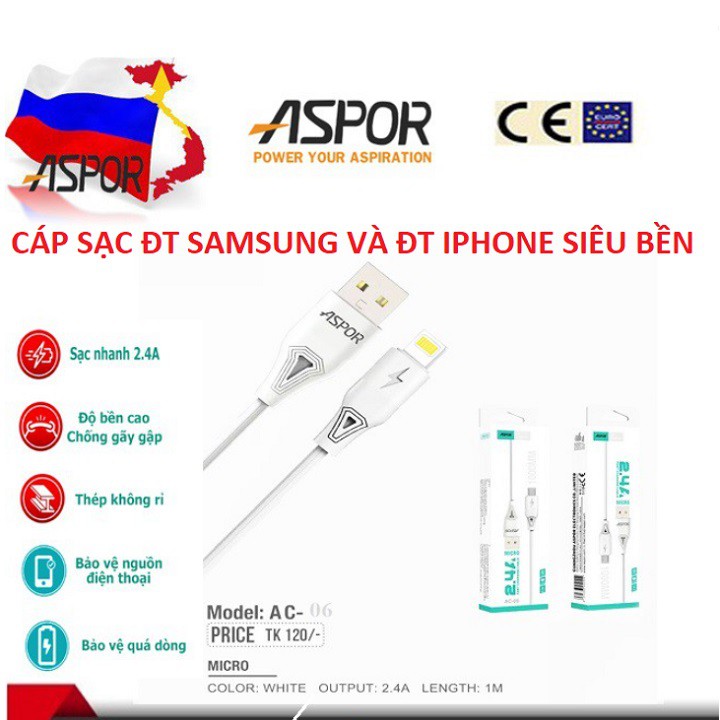 Dây Cáp Sạc Chính Hãng Aspor AC-06 Cho Điện Thoại Iphone - Cáp Sạc AC 05 Cho Điện Thoại SamSung