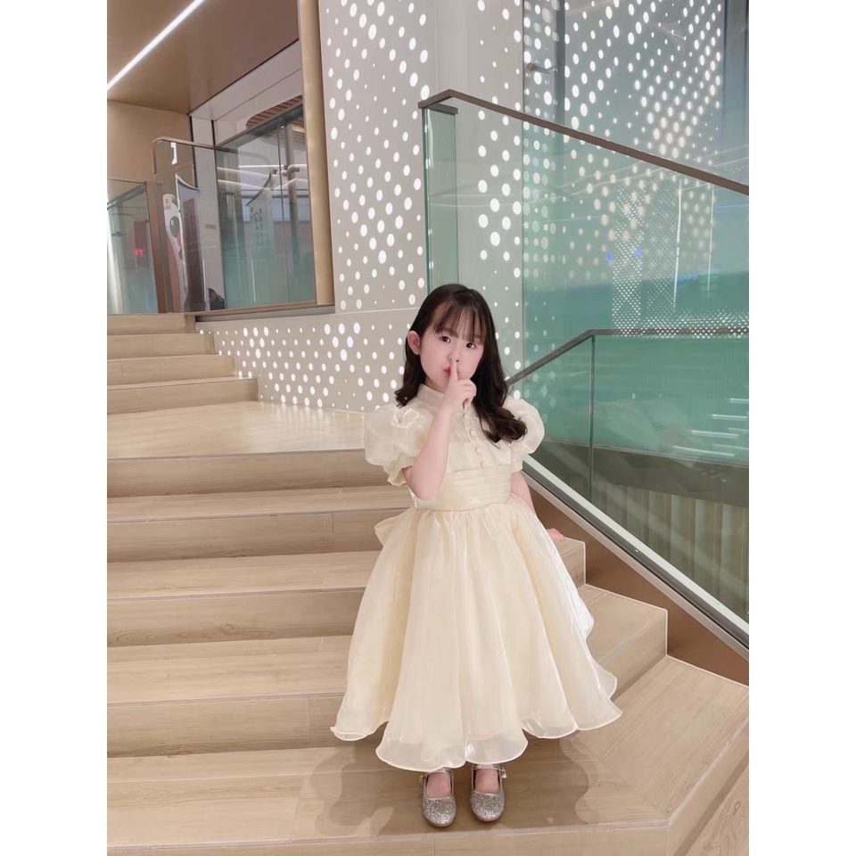 Đầm Công Chúa Cho Bé Poopi Dáng Xòe Màu Be Sữa Đính Nơ Lưng, Váy Cho Bé Gái Dự Tiệc Xinh Đẹp
