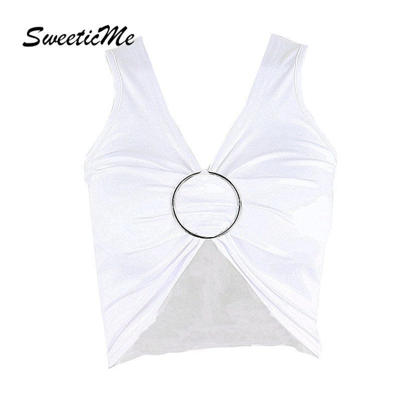 Áo Không Tay Cổ Chữ V Phối Vòng Kim Loại Đính Nơ Gợi Cảm Cho Nữ 2021