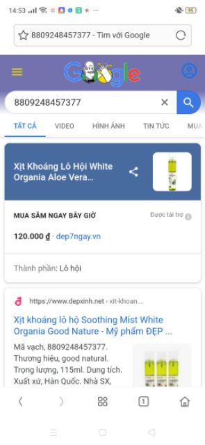 Xịt khoáng lô hội.ALOEVER white Organia