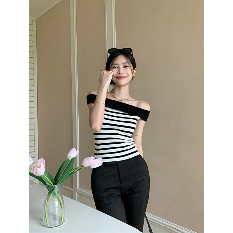 Áo Thun Tay Ngắn Hở Rốn Họa Tiết Kẻ Sọc Thời Trang Phong Cách Hàn Quốc Cho Nữ