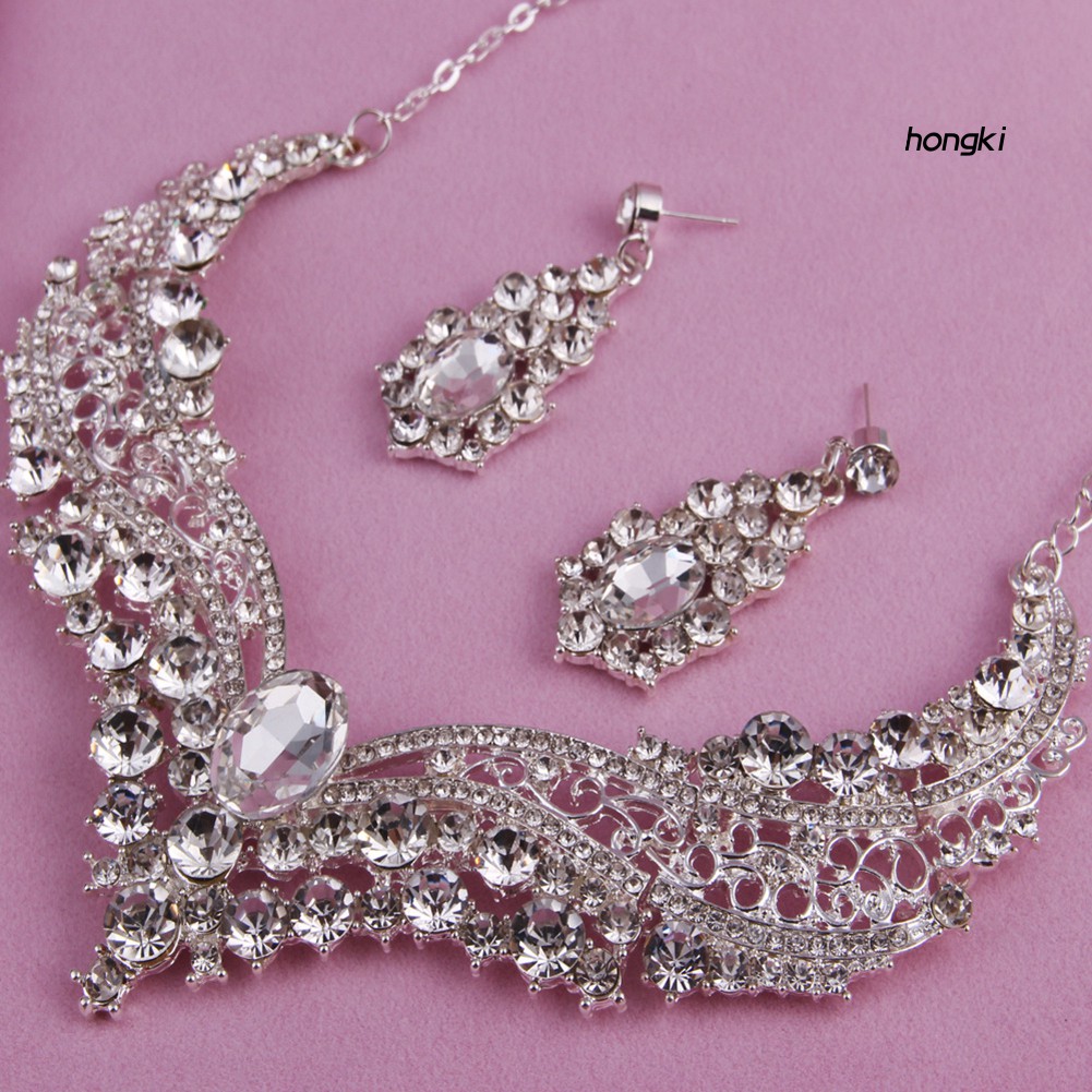 Bộ dây chuyền + hoa tai đính đá lấp lánh phong cách nữ hoàng dành cho cô dâu
