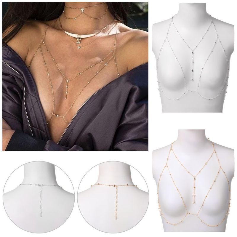 Dây chuyền đeo cơ thể, lắc eo body chain vòng đeo ngực dạng xích bằng kim loại đính đá lấp lánh trang trí bikini sexy