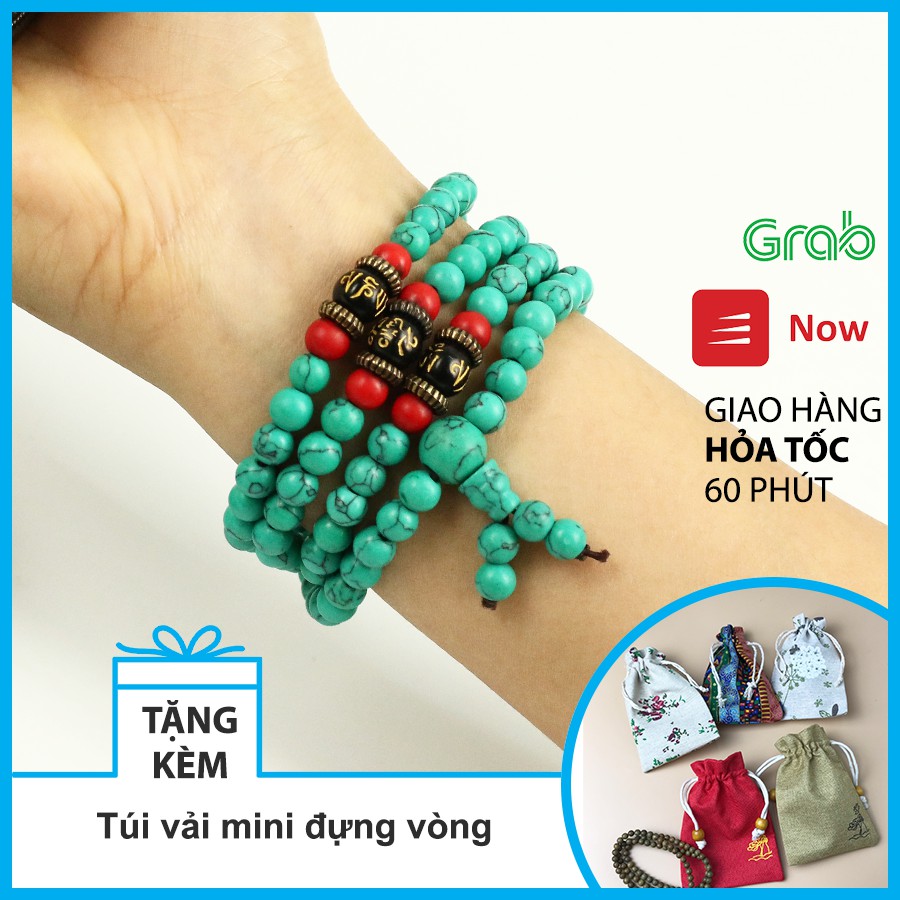 Vòng đá 108 hạt giả Ngọc Lam mix charm Om mani, GIẢM 30% LẤY ĐÁNH GIÁ - Chuỗi hạt niệm - Hiên Nhà