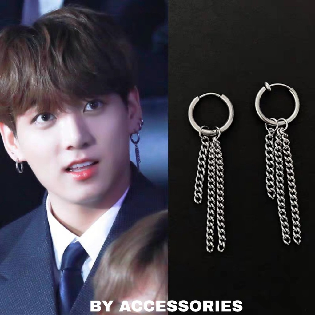 Khuyên tai titan tròn phối xích Jung Kook không gỉ có 2 loại xỏ lỗ và kẹp