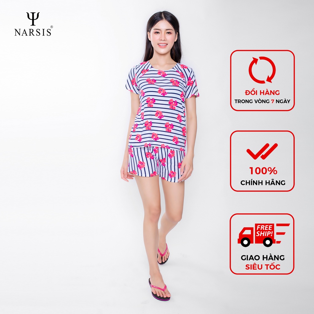 Bộ đồ nữ mặc nhà cộc tay Narsis M8086 chất liệu Cotton màu kẻ đen hoa hồng
