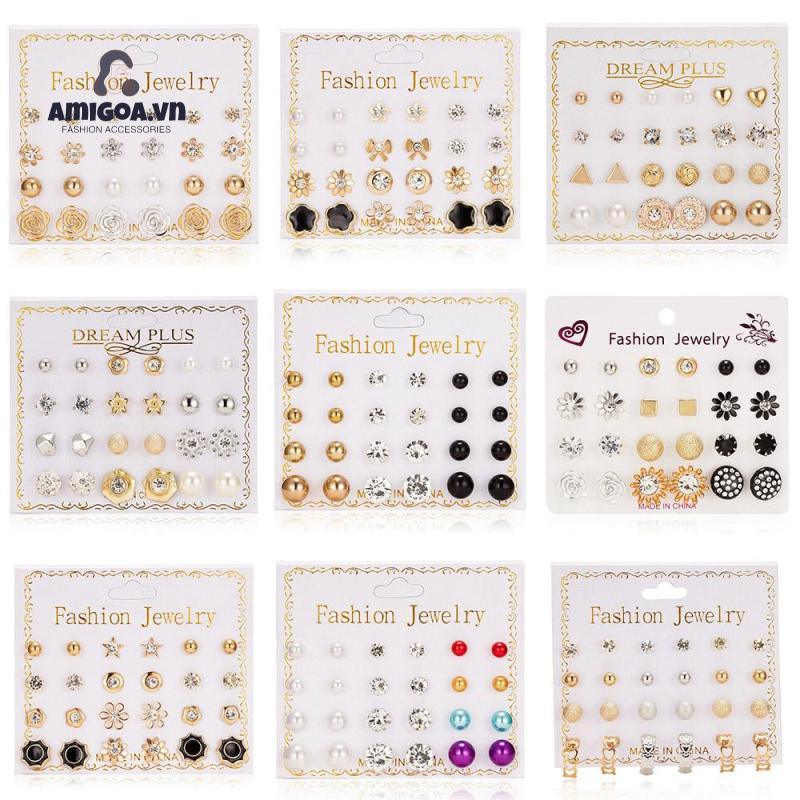 Bộ 12 Đôi Bông Tai Hình Nơ Đính Ngọc Trai Nhân Tạo