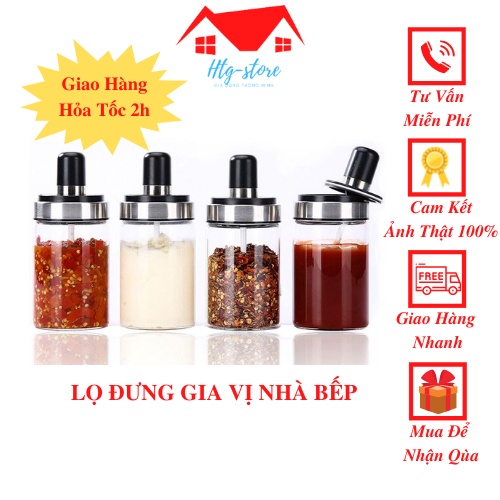Hũ đựng, lọ đựng gia vị, dầu ăn, mắm muối thủy tinh có muỗng kèm theo tiện dụng.