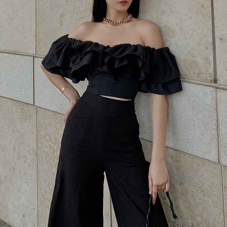 Áo croptop bèo nhiều tầng màu đen, hai cách mặc (xem ảnh)