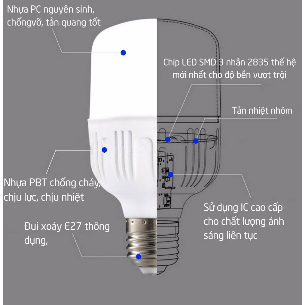 Bulb trụ thân nhôm 15w 20w, 30w,40w,50w ánh sáng trắng