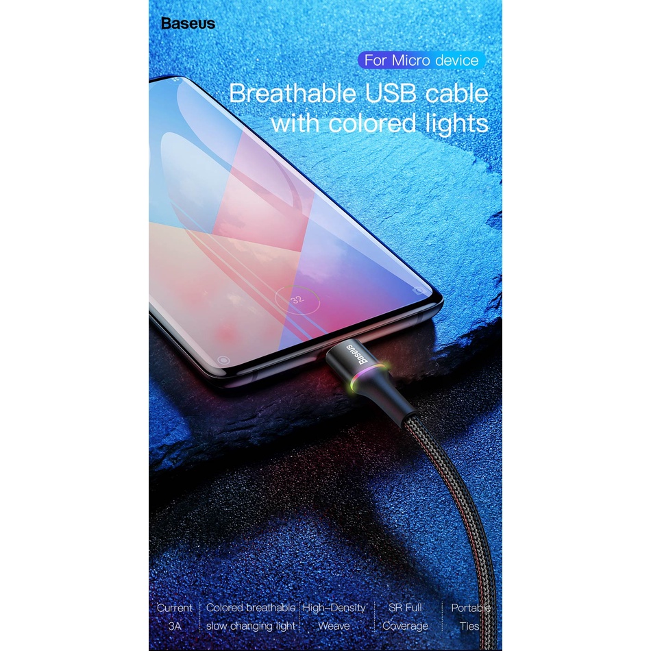 Dây Cáp Baseus 3A Cổng Micro USB Sạc Nhanh Có Đèn LED Phát Sáng Dài 1M Cho Samsung Xiaomi Android