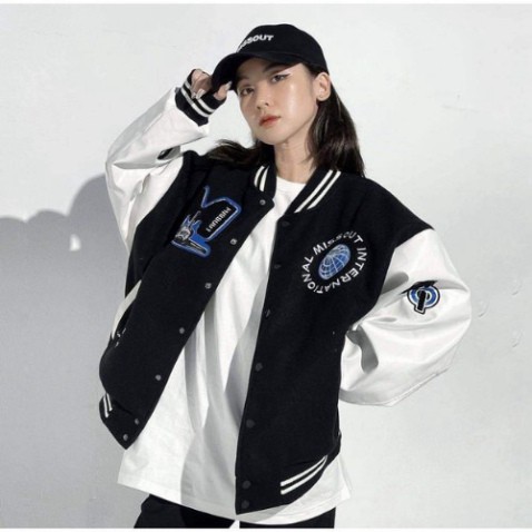 Áo bomber tay phối da họa tiết chữ M form rộng unisex - Áo khoác nam nữ  tay da kiểu cúc bấm trẻ trung | BigBuy360 - bigbuy360.vn