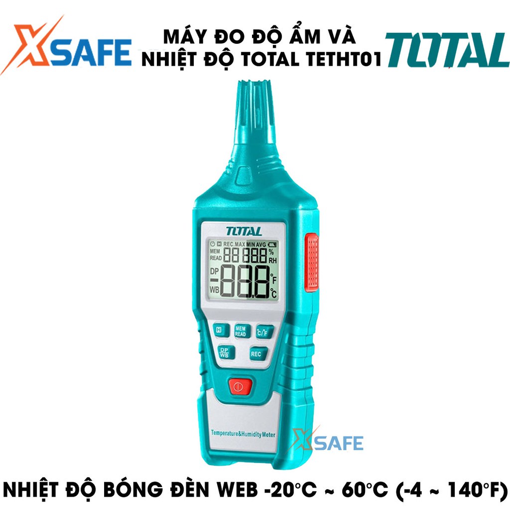 Máy đo độ ẩm và nhiệt độ kỹ thuật số TOTAL TETHT01 màn hình LCD Thiết bị đo cầm tay độ ẩm 0-100% có đèn nền báo pin thấp