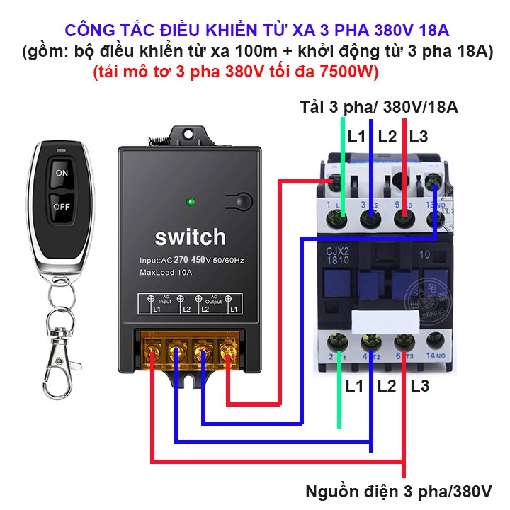 COMBO Công tắc điều khiển từ xa 3 pha VÀ khởi động từ contactor18A/380V bật tắt mô tơ máy bơm nước 3 pha tối đa 7500W