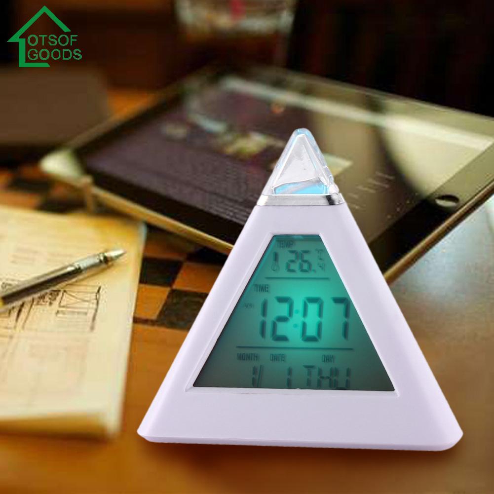 Đồng hồ báo thức hình kim tự tháp LCD kỹ thuật số với đèn LED 7 màu độc đáo