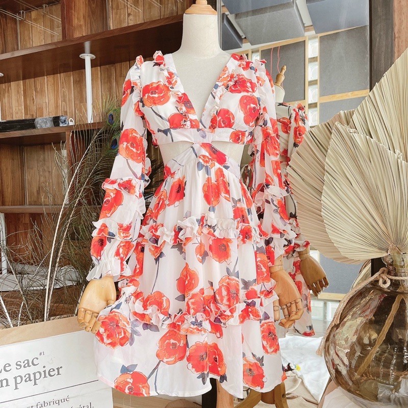ĐẦM HOA CUT OUT HỞ LƯNG VIỀN BÈO CỘT NƠ TAY PHỒNG VOAN KÈM ẢNH THẬT