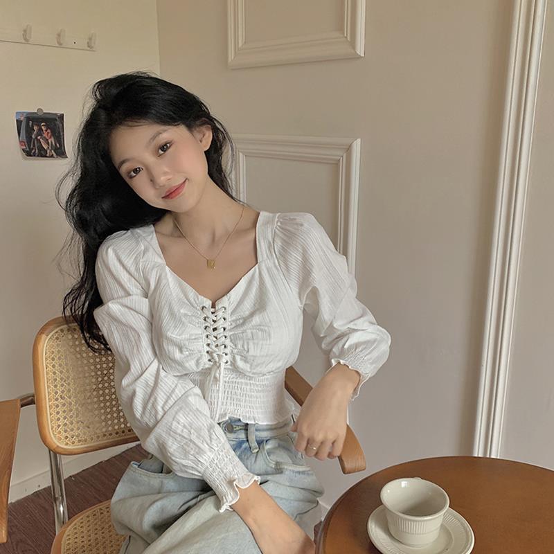 Áo Kiểu Nữ New Square Neck Blouse White Long Sleeve Women Korean Tops