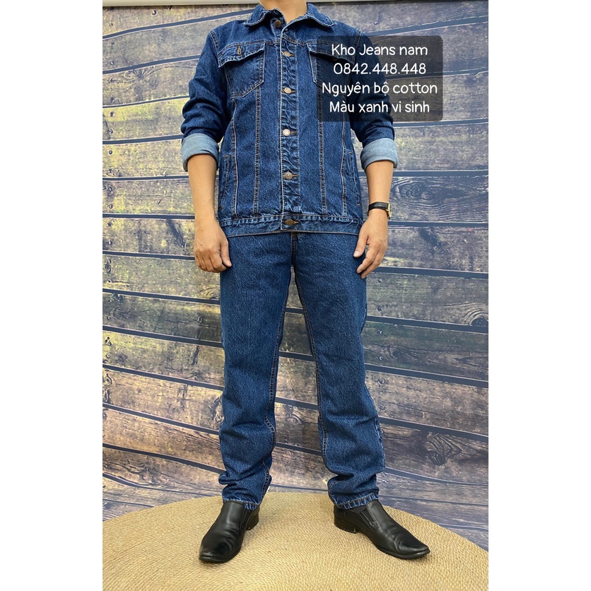 COMBO (Size 35 - 40) Nguyên bộ Jean Cotton XANH VI SINH, Áo Jean, áo khoác bò, Quần Jean Nam Ống Suông, Quần Bò Nam