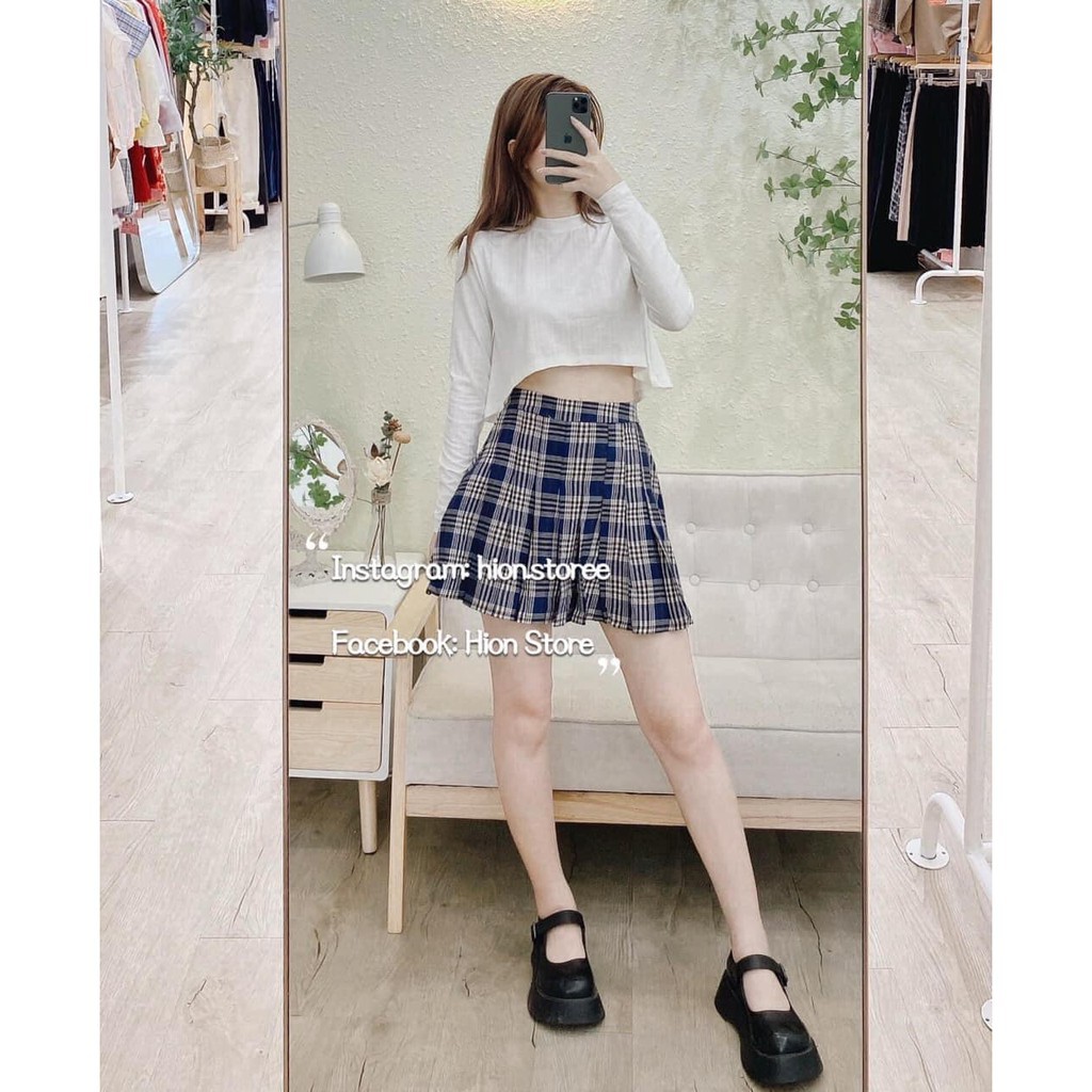 Sét áo croptop thun dài tay kèm Chân Váy ngắn Tennis kẻ kèm video/ảnh thật
