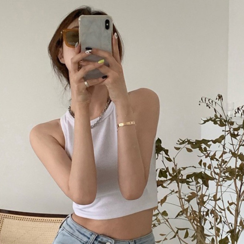 QADCOL Áo croptop không tay cổ tròn ôm dáng dệt kim thời trang