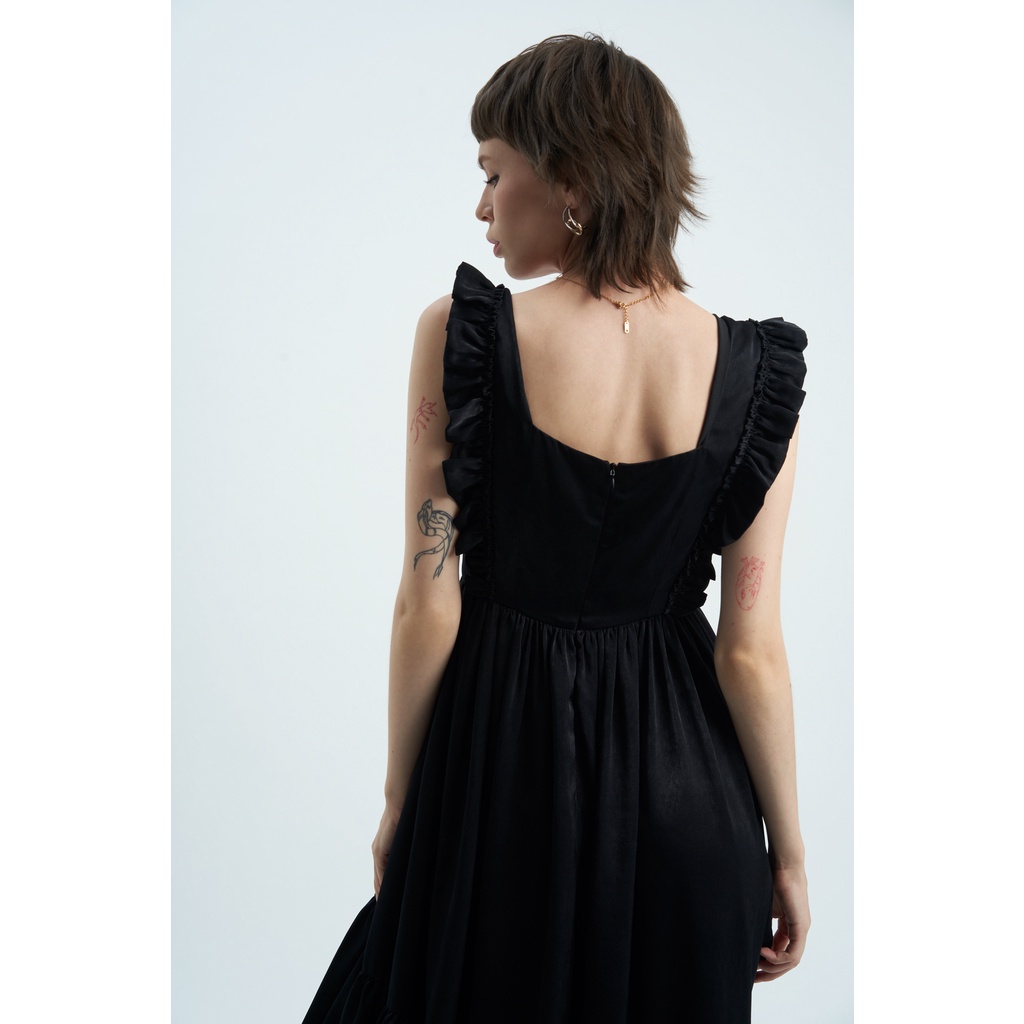 Đầm lụa hai dây KHÂU BY CQ Black Ruffle