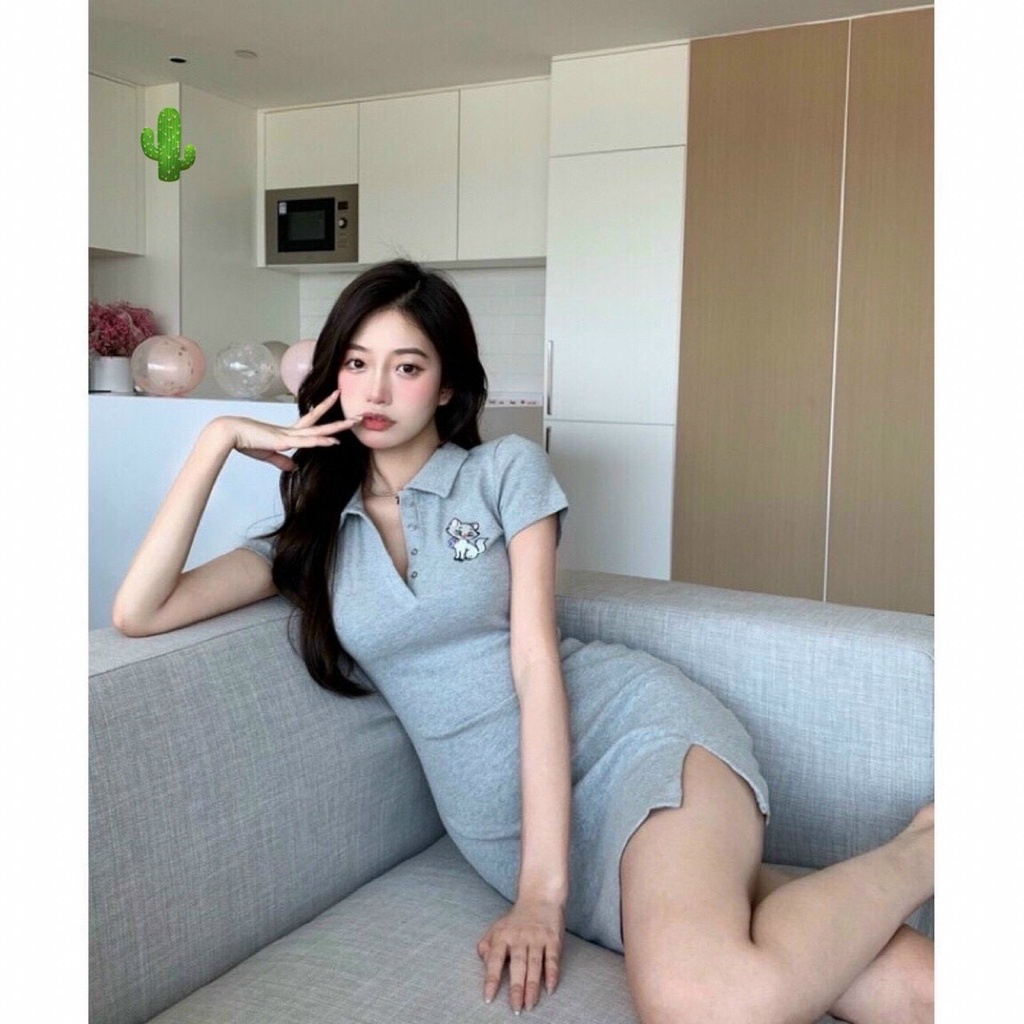 đầm ôm body borip cổ trụ thêu hình ngắn tay