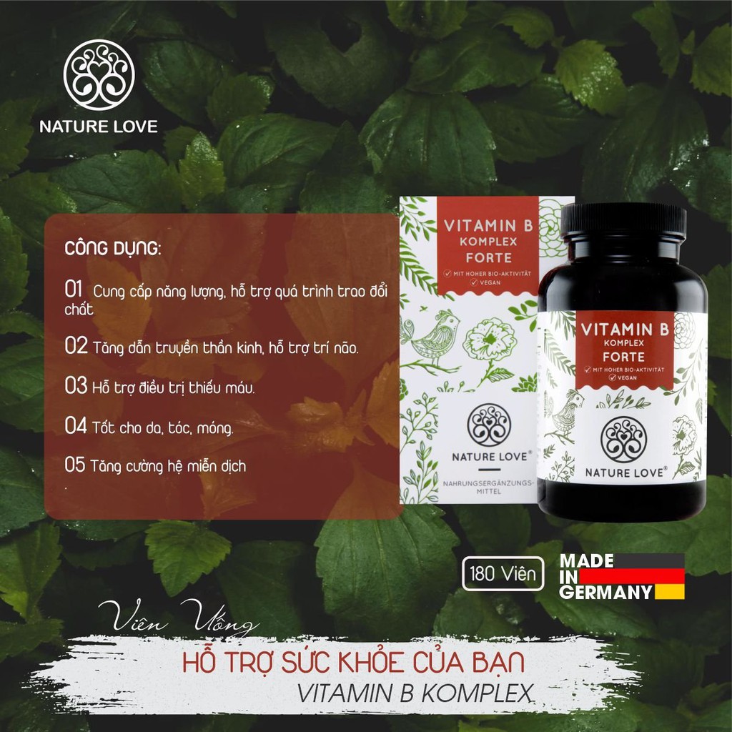 Hỗ trợ hệ thần kinh, tăng cường hệ miễn dịch, hỗ trợ trí não - NATURE LOVE® VITAMIN B KOMPLEX (180 Viên)